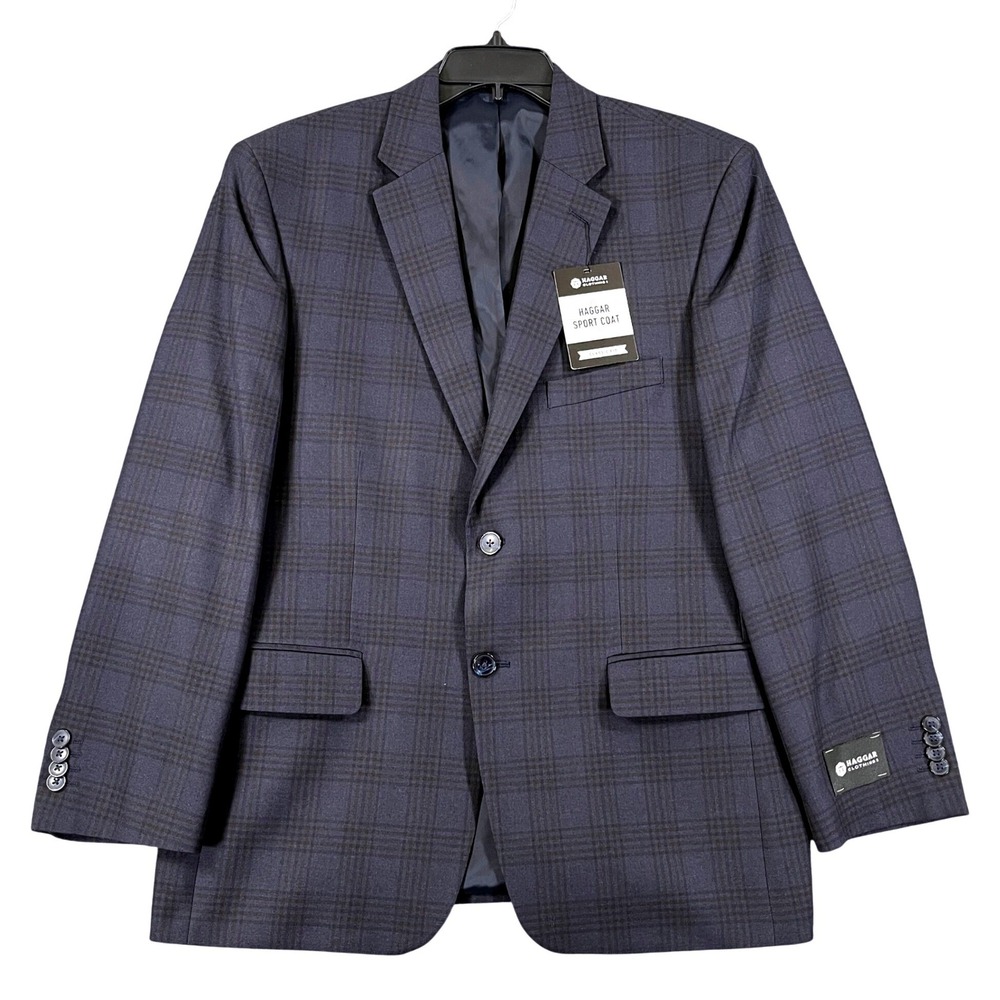 Haggar Sport Coat Mens 40S Navy Blue Glen Plaid Classic Fit Blazer Business Wear